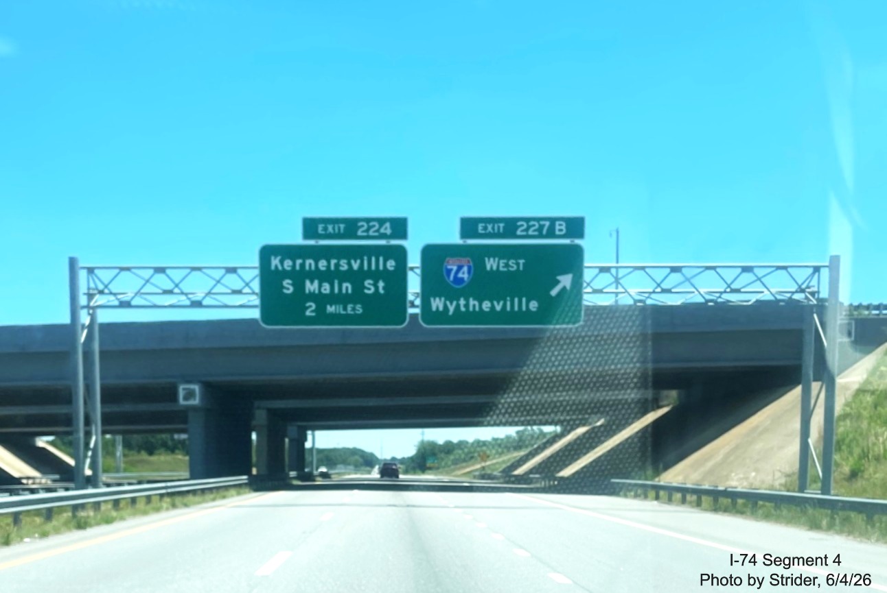 Image of new I-74 shield on overhead ramp sign at the Beltway interchange on US 421
East, photo by Strider, June 2026