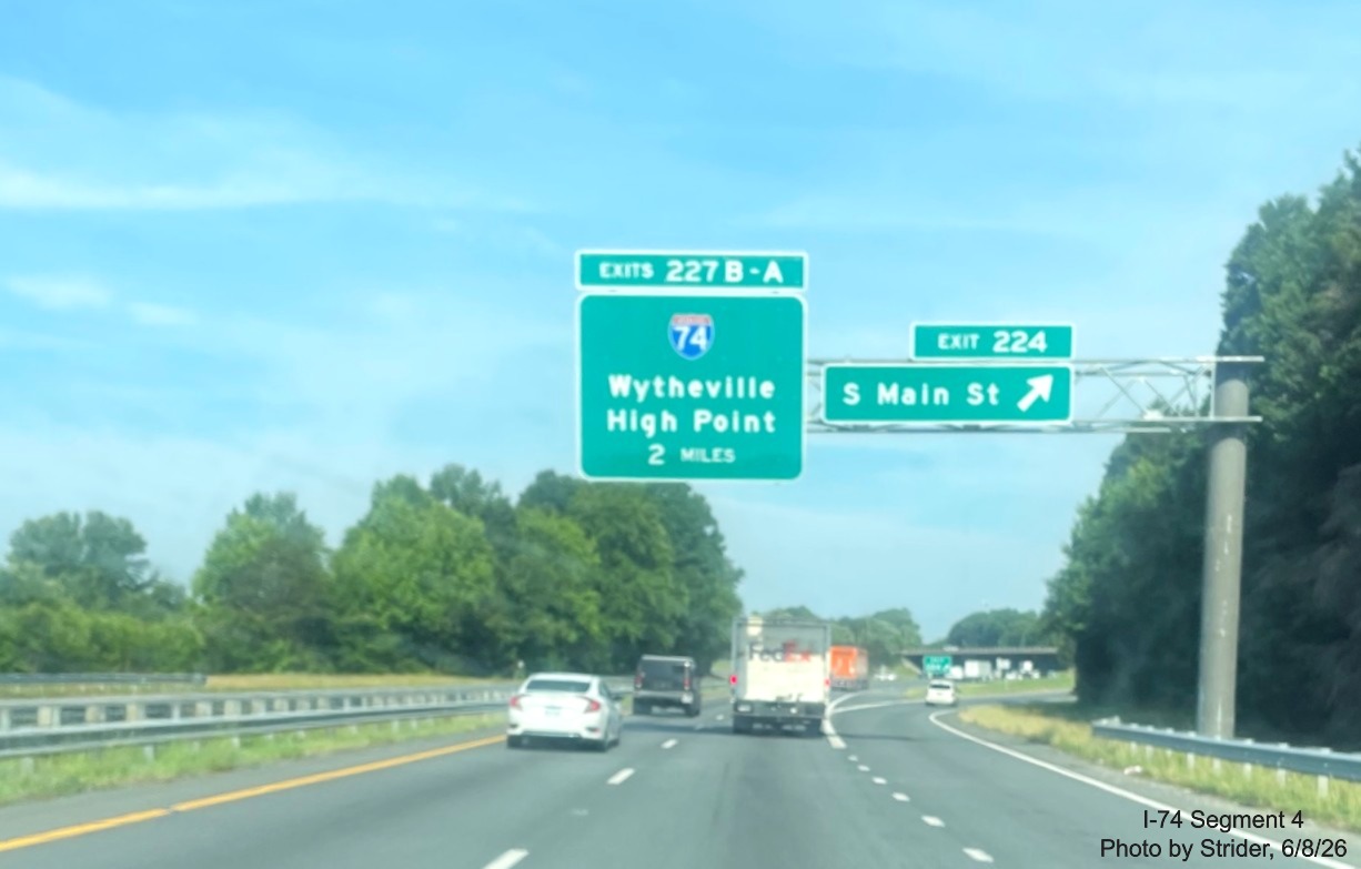 Image of new I-74 2 mile advance sign approaching the Beltway interchange on US 421
North, photo by Strider, June 2026