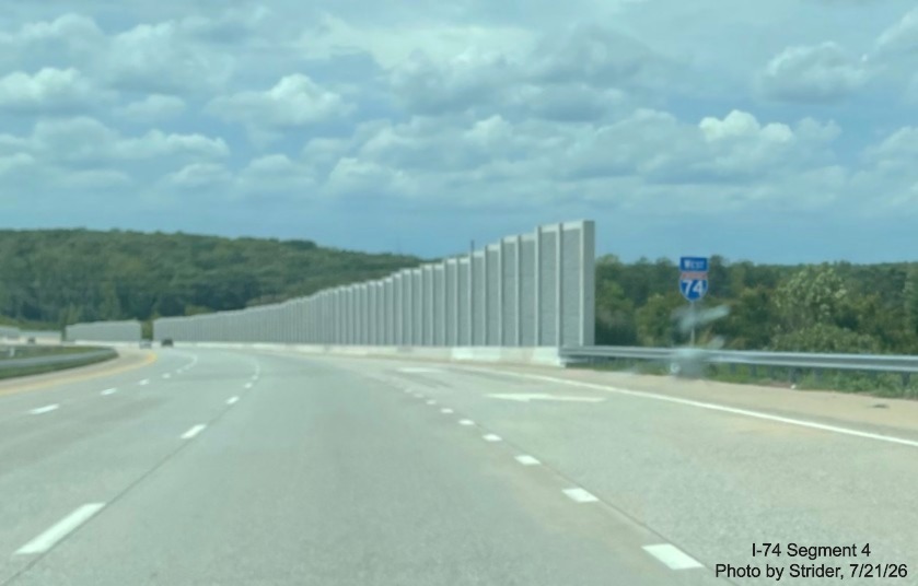 Image showing first I-74 reassurance marker to appear on the Winston-Salem
Northern Beltway after the US 421 exit, by Strider, July 2026