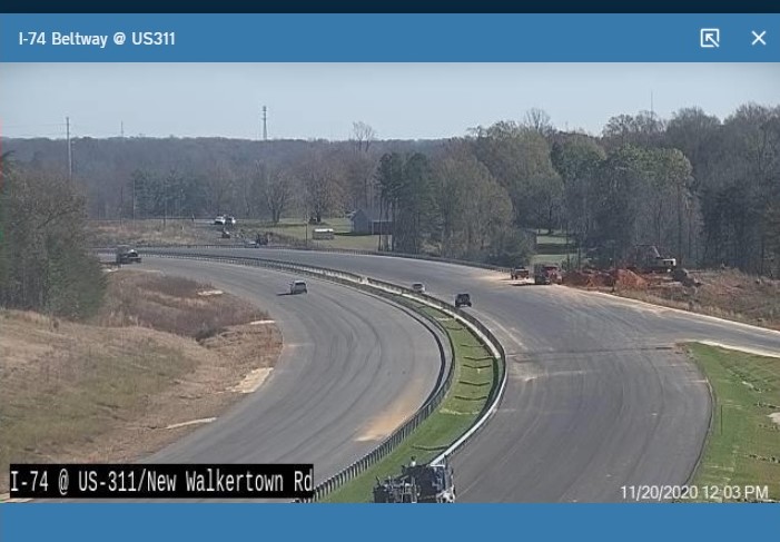 NCDOT traffic camera image of nearly completed NC 74 (Future I-74) freeway at US 311 interchange, 
                                                  November 2020