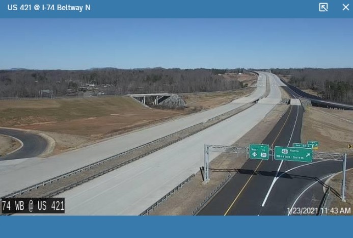 NCDOT traffic camera image of new sign for US 311 at exit for US 421 North/Salem Parkway on NC 74, Future I-74 West in Winston-Salem, January 2021