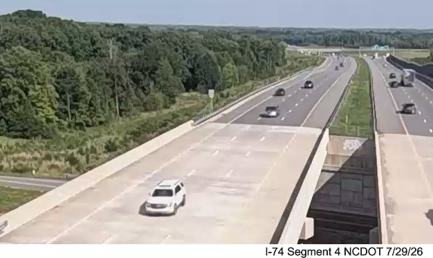NCDOT traffic camera image of back of new West I-74 reassurance marker, 
	 after the US 311 exit, July 29, 2026