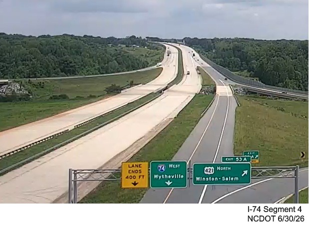 Image from NCDOT Real Time Traffic site showing first I-74 shield to appear
on the Winston-Salem Northern Beltway at US 421 in June 2026