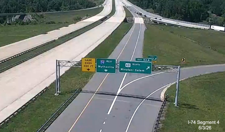Image from NCDOT Real Time Traffic site showing first I-74 shield to appear
on the Winston-Salem Northern Beltway at US 421 in June 2026