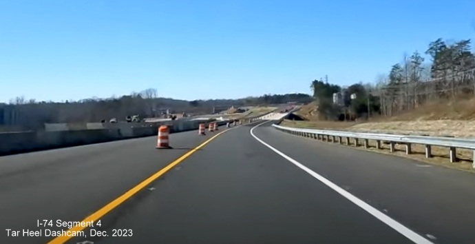 Image of NC 74 (Future I-74) West traffic being diverted to future US 52 South ramp after 
        NC 66 exit, from video by Tar Heel Dashcam, December 2023