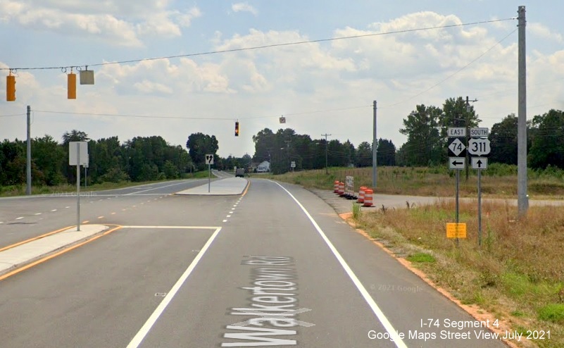 South US 311 and East NC 74 trailblazers approaching ramp for NC 74/Winston-Salem Northern Beltway (Future I-74), 
        Google Maps Street View, July 2021