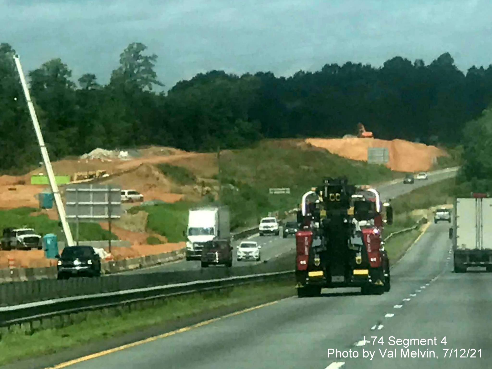 Image of construction along US 52 South from US 52 North of future I-74 Winston Salem Northern Beltway 
        interchange, by Val Melvin. July 2021