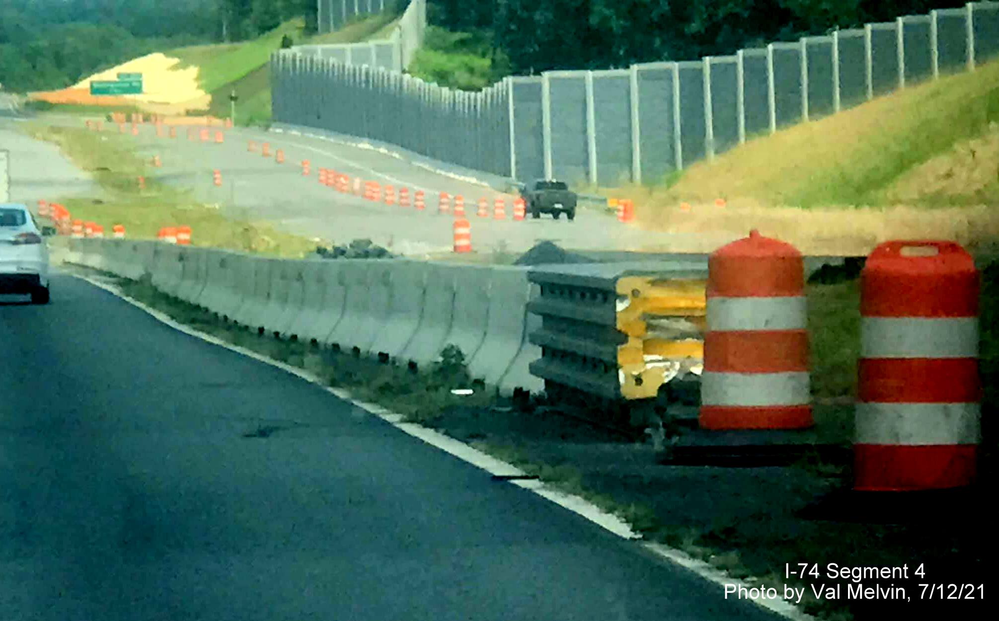 Image of completed noise wall along future I-74 West ramp from Winston Salem Northern Beltway 
        to US 52 North in Rural Hall, by Val Melvin. July 2021