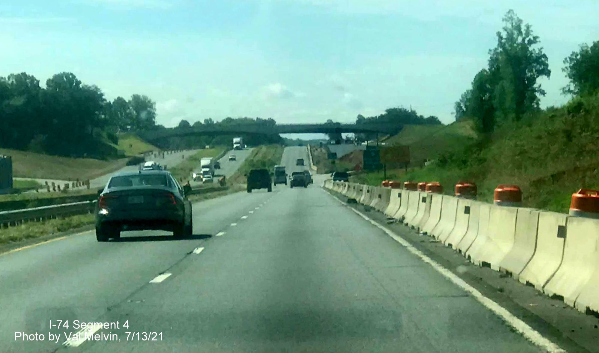 Image of start of Winston Salem Northern Beltway 
        interchange construction zone in Rural Hall on US 52 South (Future I-74 East), by Val Melvin. July 2021