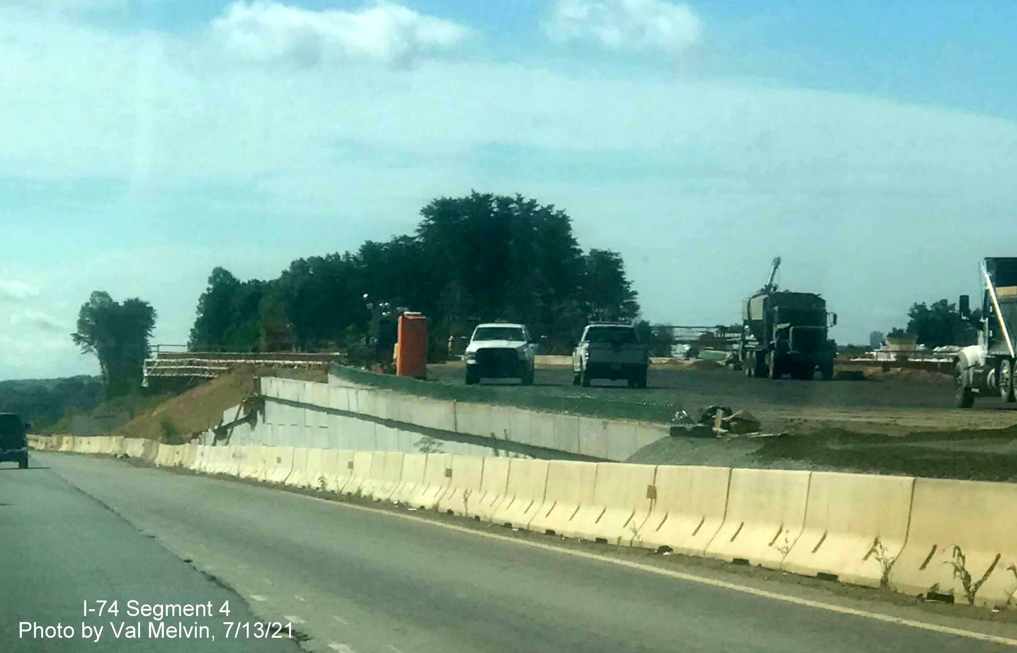 Image of construction of future Winston Salem Northern Beltway 
        ramp from US 52 South (Future I-74 East) in Rural Hall, by Val Melvin. July 2021