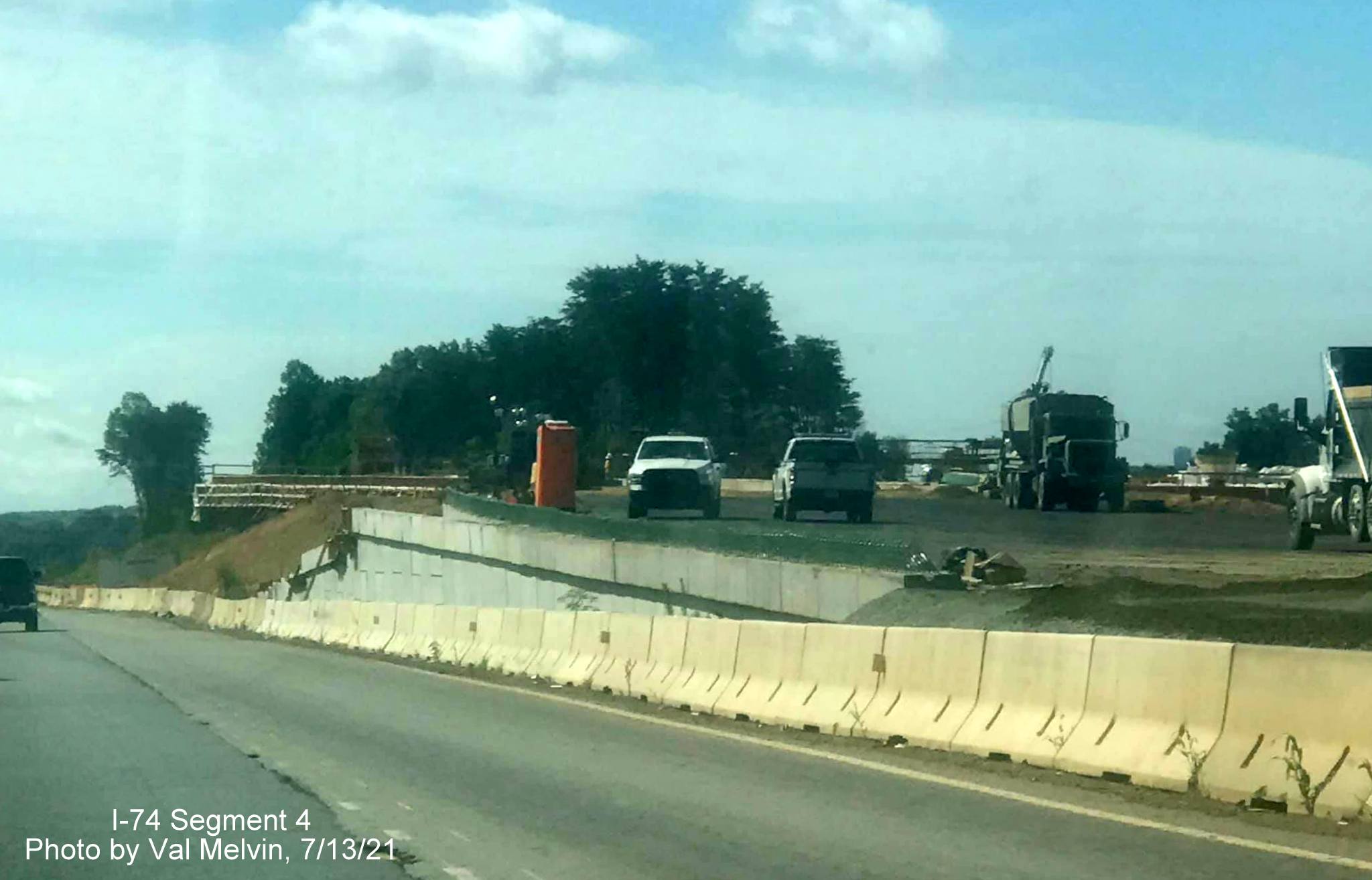 Image of construction of future Winston Salem Northern Beltway 
        ramp from US 52 South (Future I-74 East) in Rural Hall, by Val Melvin. July 2021