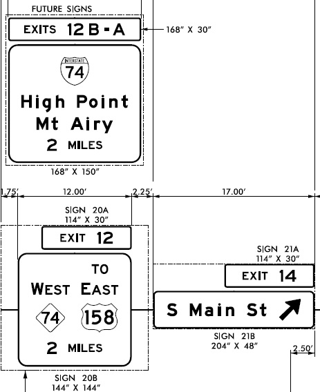 Plans for eventual exit signs on Business 40 for I-74 in Winston-Salem, from NCDOT