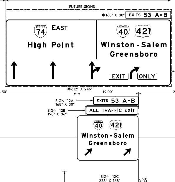 Image of sign plans for I-74 in Winston-Salem at Business 40, from NCDOT