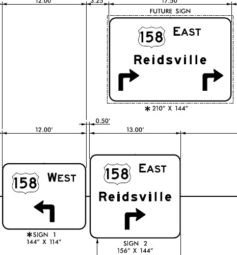 Image of sign plans for US 158 exit on future I-74 freeway in Winston-Salem, from NCDOT