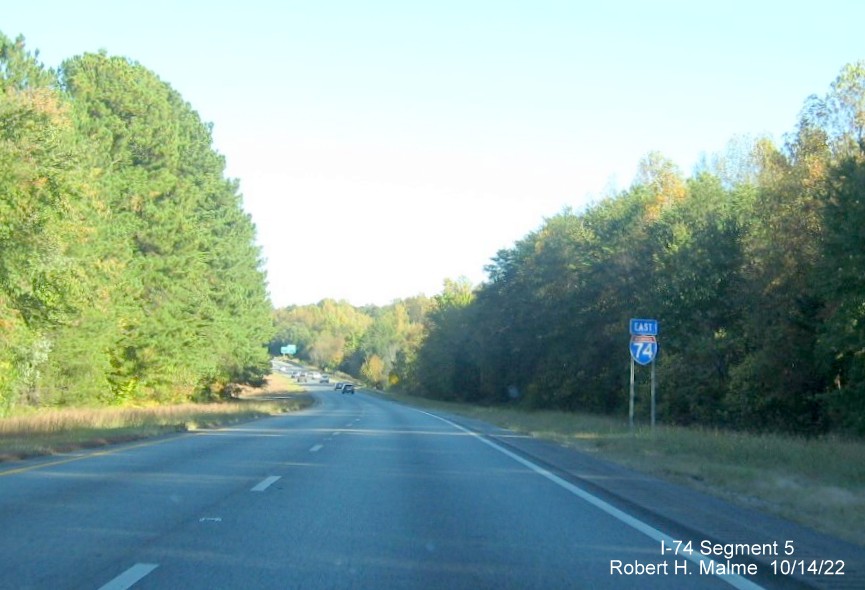 Image of I-74 East reassurance marker after I-40 exit in Winston-Salem, replaced sign with 
        that included South US 311 information, October 2022