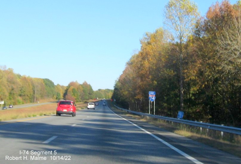 Image of I-74 East reassurance marker after the Ridgewood Road exit in Winston-Salem, replaced sign with 
        that included South US 311 information, October 2022