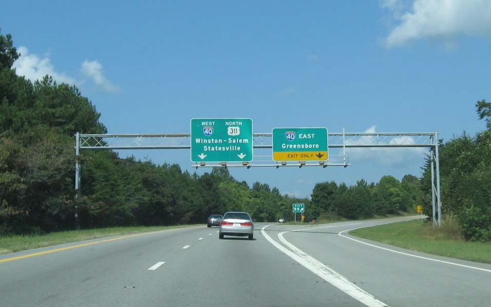 Photo of I-40 exit signage at west end of US 311/Future I-74 freeway in Winston-Salem, Sep. 2009