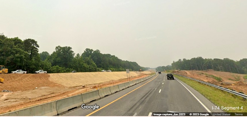 Image of I-74 West in Beltway construction zone after Union Cross Road, 
        Google Maps Street View, June 2023