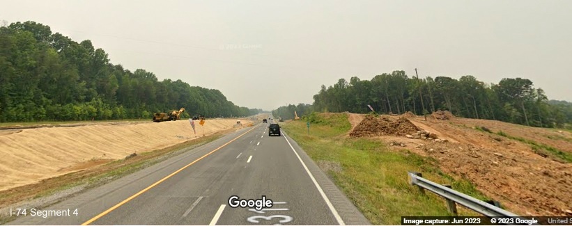 Image of clearing along both sides I-74 West in Beltway construction zone after Union Cross Road, 
        Google Maps Street View, June 2023