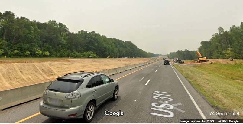 Image of median clearing between I-74 lanes in Winston-Salem Northern Beltway construction zone after Union Cross Road, 
        Google Maps Street View, June 2023