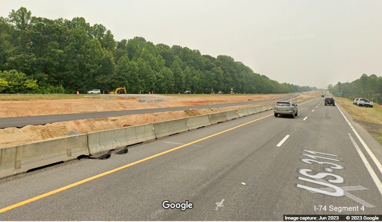 Image of paving started of temporary I-74 East lanes in Winston-Salem Northern Beltway construction zone after Union Cross Road, 
        Google Maps Street View, June 2023