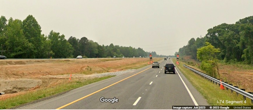 Image of variable speed limit signs along I-74 West in Beltway construction zone approaching
          Ridgewood Road, Google Maps Street View, June 2023
