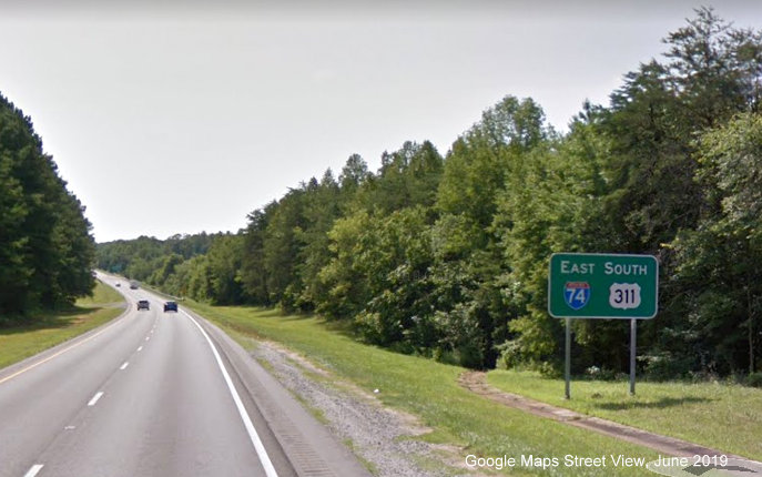 Google Maps Street View image of first East I-74/South US 311 reassurance marker sign after 
        I-40 interchange in Winston-Salem, taken in June 2019
