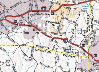 Segment of NCDOT 2023-24 State Transportation Map Greensboro Area Inset showing I-74 Segment 5, July 2023