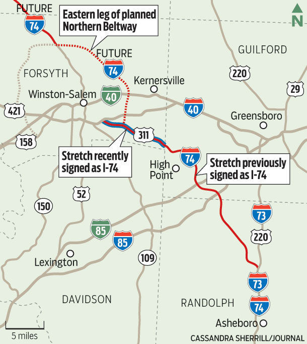 Map showing new segment of I-74 signed and relation to 
path of I-74 around Winston-Salem, courtesy of Winston-Salem Journal, August 2014