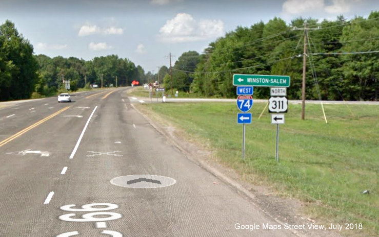 Google Maps Street View image of West I-74/North US 311 ramp trailblazers on NC 66 
        North in Kernersville, taken in July 2018