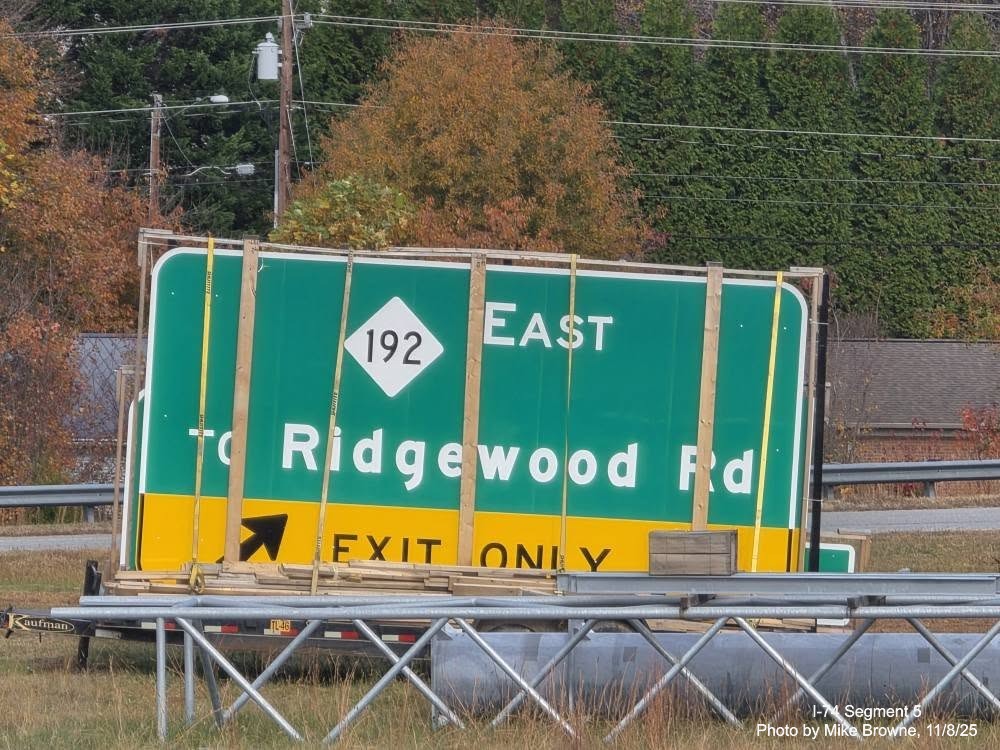 Image of Future NC 192 exit signs stored along Union Cross Road at the I-74 ramps,
photo by Mike Browne, November 2025