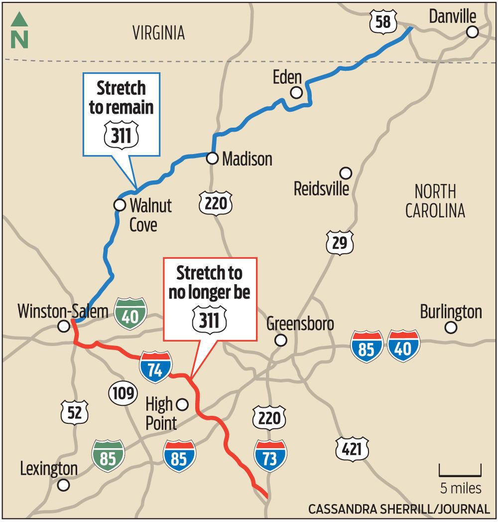 Image of Winston-Salem Journal map of decommissioned US 311 along I-74 east of Winston-Salem