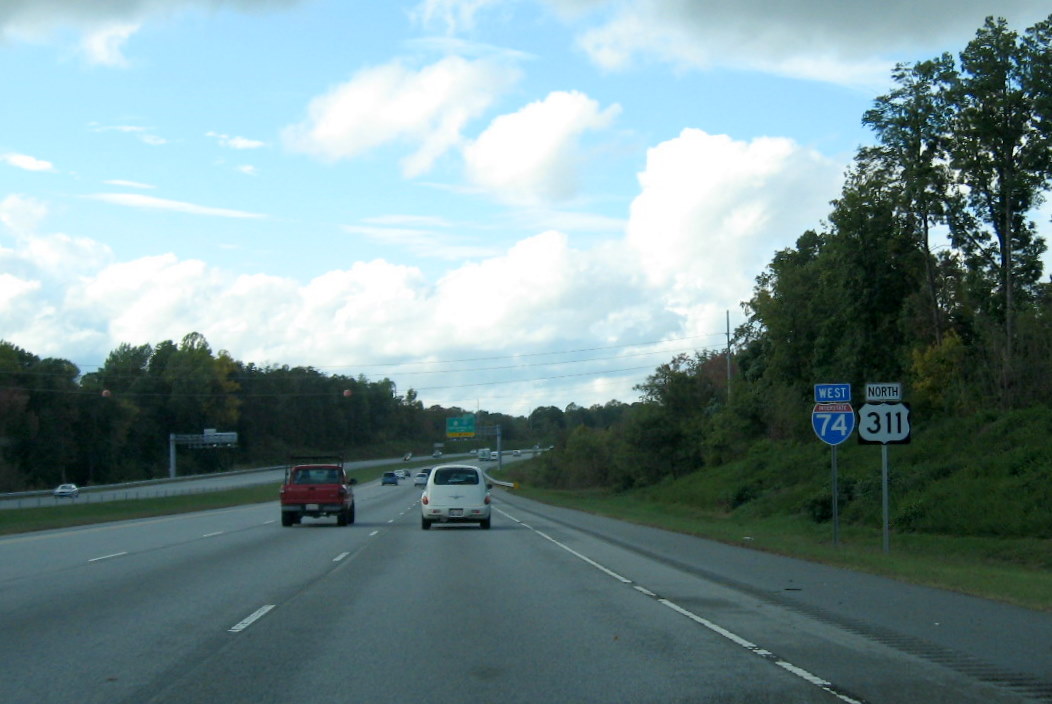 Photo of exit signage on West I-74 approaching the NC 68 interchange in High 
Point, Oct. 2011