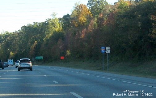 Image of East I-74 reassurance marker mistakenly joined by a South US 311 one after Greensboro Road
        exit on I-74 East in High Point, October 2022