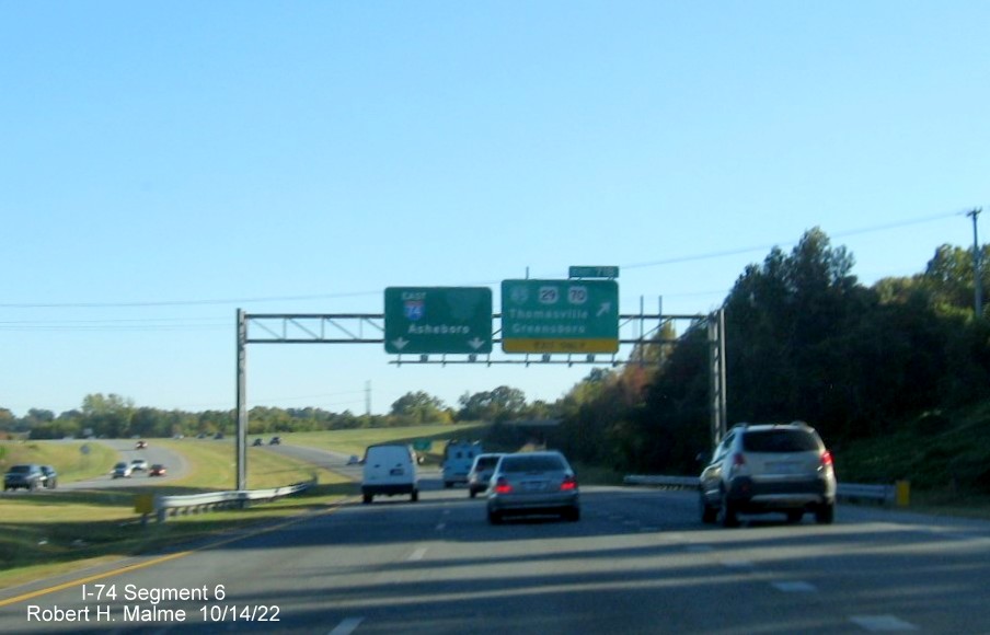 Image of signage at the soon to be former Business 85/US 29 and 70 interchange on I-74 
        East in High Point, October 2022