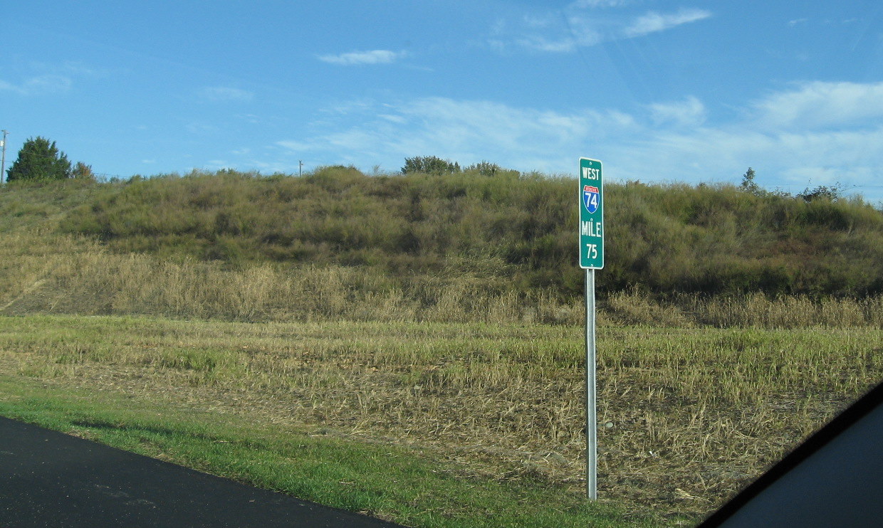 Photo of I-74 West milemarker near I-85 interchange taken prior to the 
opening of the I-74 freeway in Oct. 2010