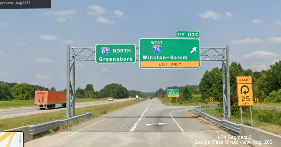 Overhead signage on C/D ramp from I-85 North with US 311 shields removed, Google Maps Street View 
        image, August 2021