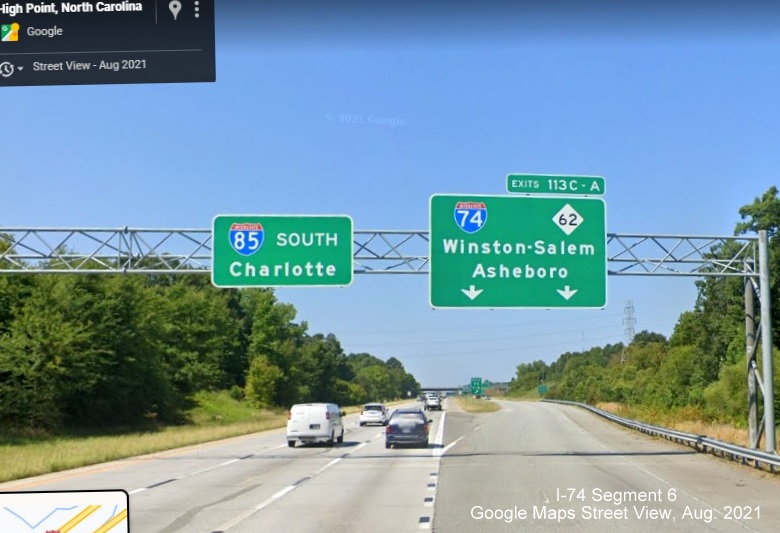 Overhead signage for C/D ramp from I-85 South for I-74 exits with US 311 shields removed, Google Maps Street View 
        image, August 2021