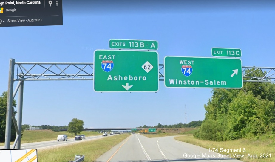 Overhead signage on C/D ramp from I-85 South at I-74 West exit with US 311 shields removed, Google Maps Street View 
        image, August 2021