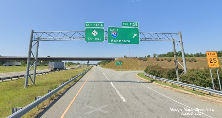 Overhead signage on C/D ramp from I-85 South for I-74 East exit with US 311 shield removed, Google Maps Street View 
        image, August 2021