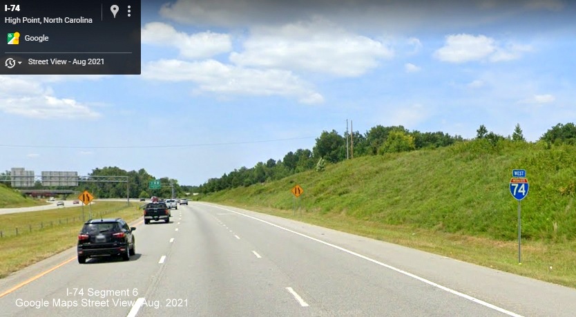 The now standalone West I-74 reassurance marker following the I-85 exit, Google Maps Street View 
        image, August 2021