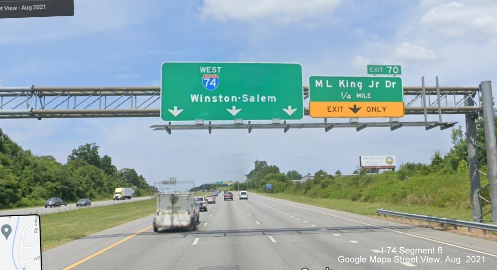 The now standalone West I-74 reassurance marker following the I-85 exit, Google Maps Street View 
        image, August 2021