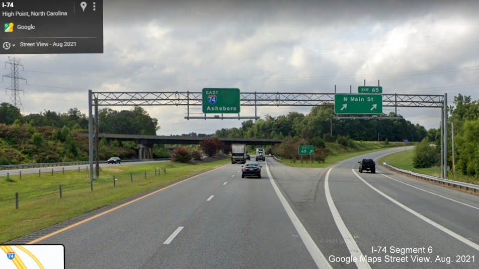 Pull through sign for I-74 East at Main Street exit (Former US 311 Business) without corresponding South US
        311 shield, Google Maps Street View image, July 2021