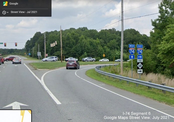 Trailblazer for I-74 East at Main Street exit (Former US 311 Business) without corresponding US
        311 signs, Google Maps Street View image, July 2021