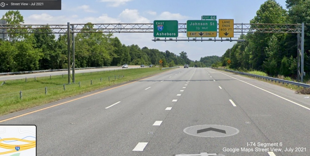 Pull through sign sharing 1/2 mile advance for Johnson Street exit with blank for reference to South US 311 Business) without corresponding US
        311 signs, Google Maps Street View image, August 2021