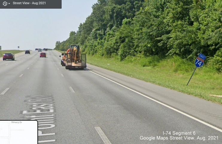 Reassurance marker for I-74 East without taken down South US 311 partner after MLK Jr. Drive exit in
        High Point, Google Maps Street View image, August 2021