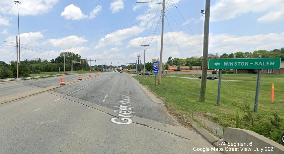 Trailblazer for I-74 West on Greensboro Road east without taken down corresponding US 311 North
        sign, Google Maps Street View image, July 2021