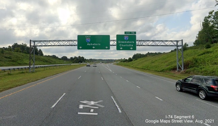 Pull through overhead sign for I-74 East at I-85 interchange without former US 311 shield, 
        Google Maps Street View image, August 2021