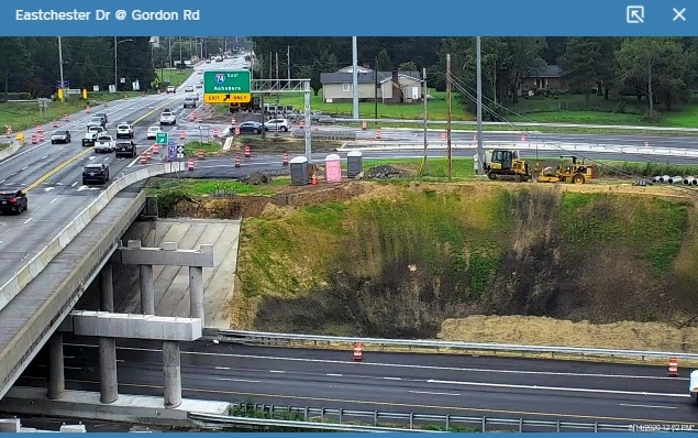 NCDOT traffic camera image of I-74 East overhead guide signage at opened ramp from NC 68 South/Future US 70 West in High Point