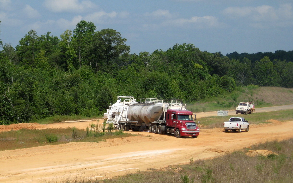 Photo of construction equipment on I-74 freeway under construction near 
Glenola in August 2012